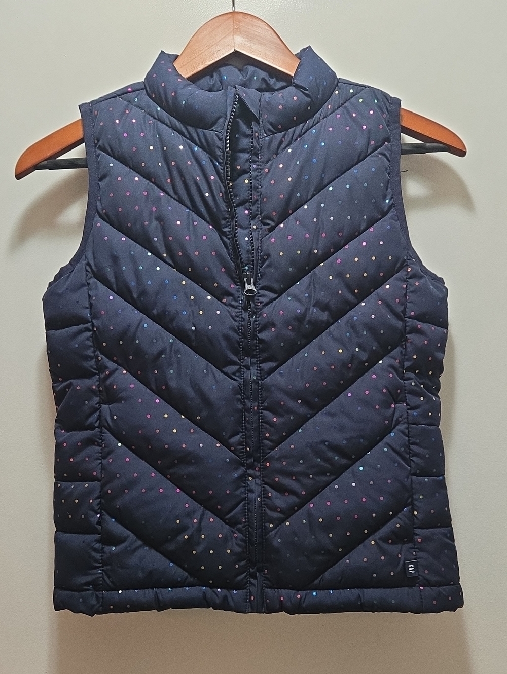 GAP Navy Quilted Puffer Vest with Multicolor Polka Dots